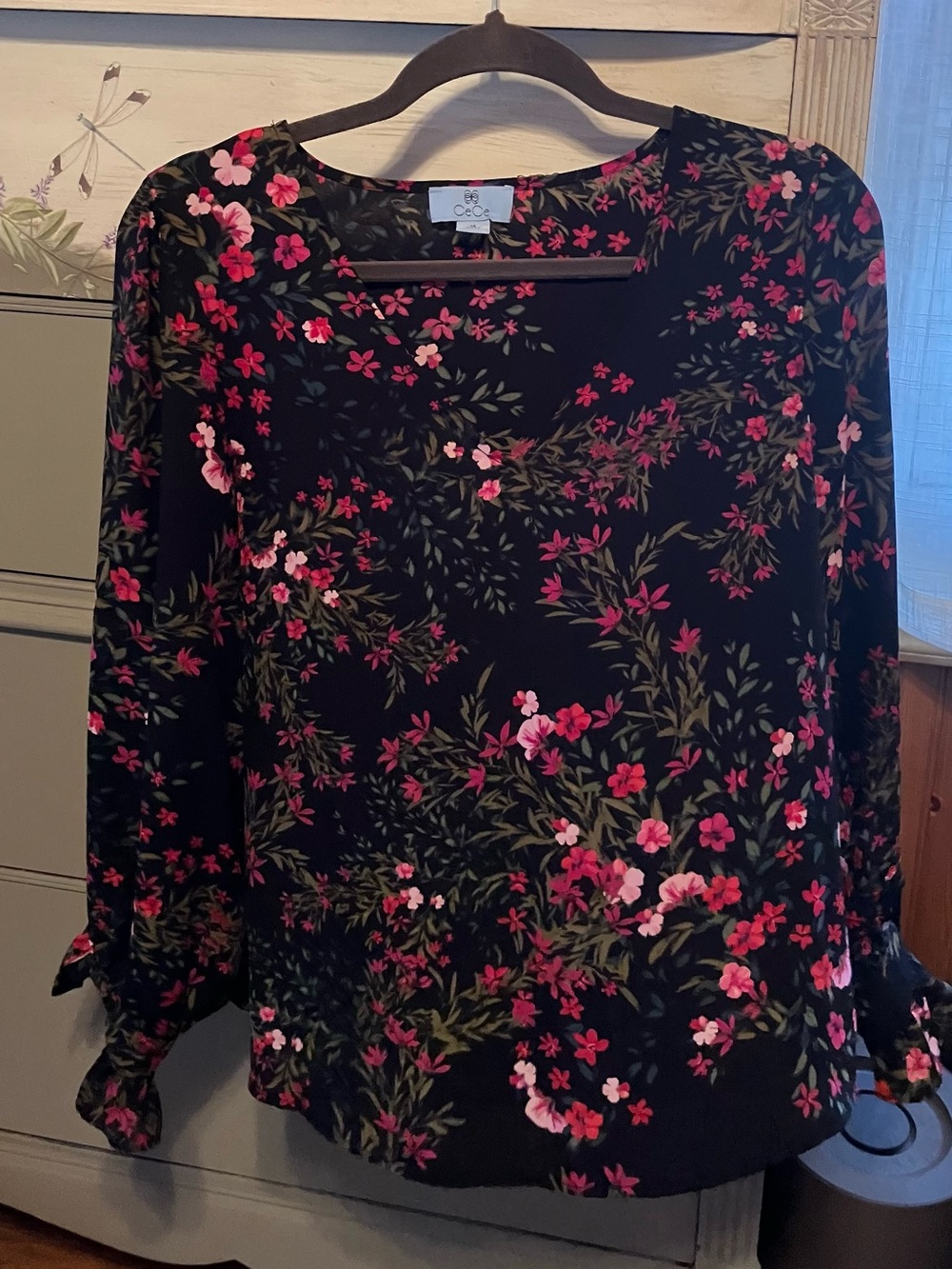 CeCe Black Floral Long-Sleeve Scoop Neck Blouse with Pink Flowers